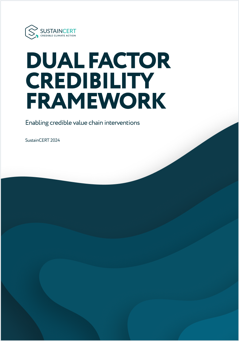 Cover of the 'Dual Factor Credibility Framework' report with abstract blue wave design.