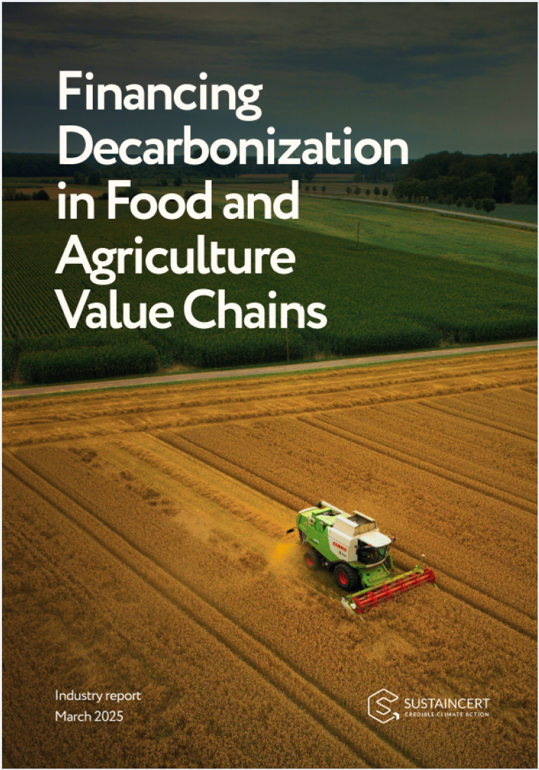 Report cover showing a combine harvester in a wheat field with the title on decarbonizing food and agriculture.