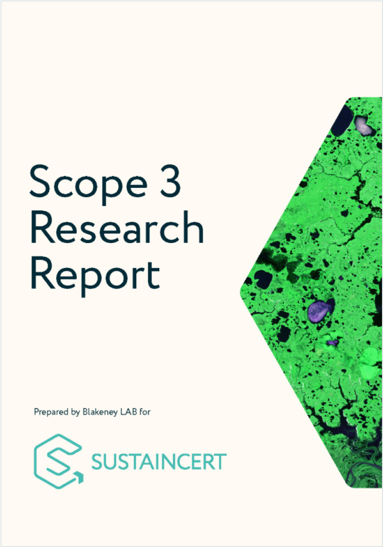 Cover of the "Scope 3 Research Report" with SustainCERT logo and a green abstract pattern on the right side.
